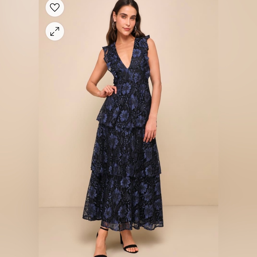 Lulus Navy Blue Lace Ruffled Tiered Sleeveless Maxi Dress - Size L